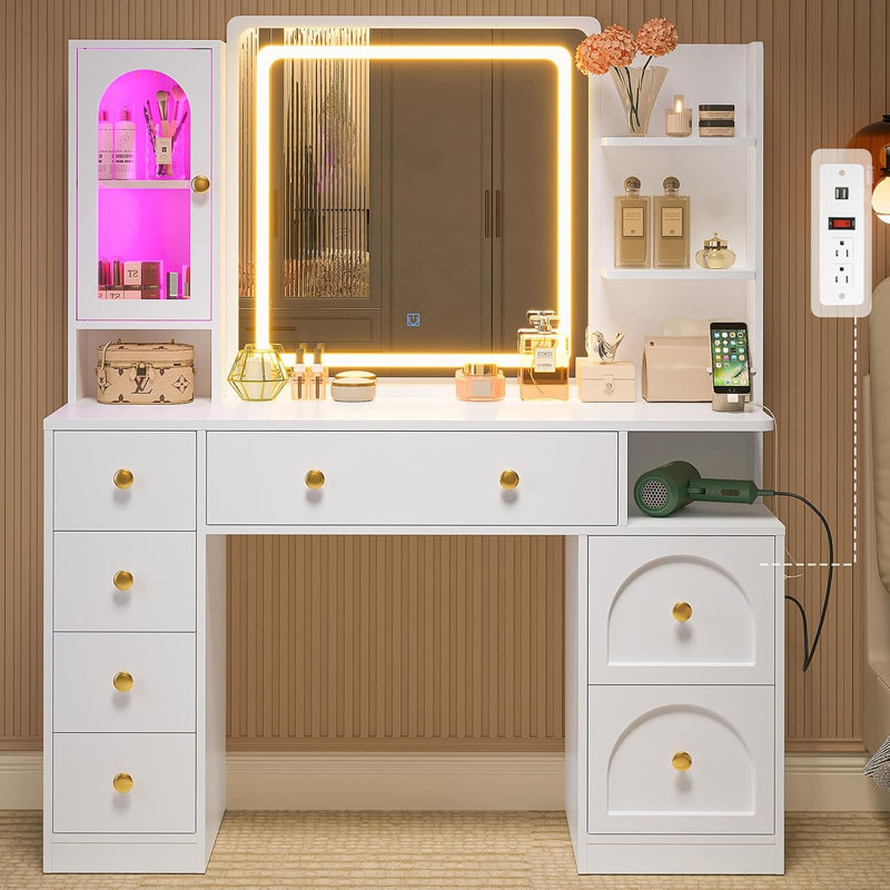 White Vanity Desk With Mirror And Led Lights, Large Makeup Vanity Desk With 7 Drawers, Storage Shelves And Rgb Glass Cabinet, Dressing Table For Bedroom With Charging Station, Lights Adjustable