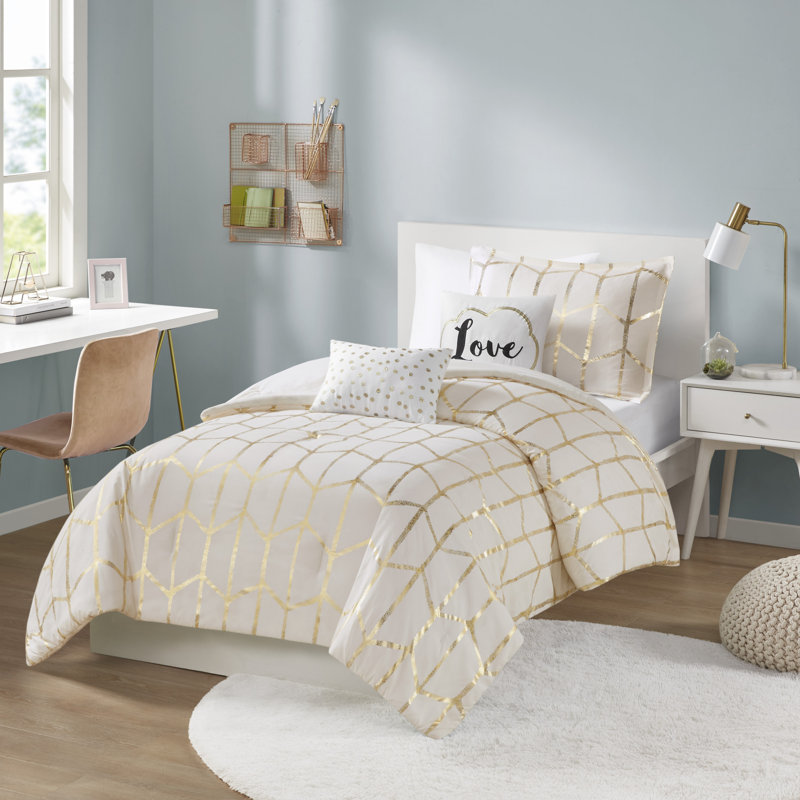 Ensemble de housse de couette à imprimé métallique Raina, Simple / Simple TG, Ivoire/doré