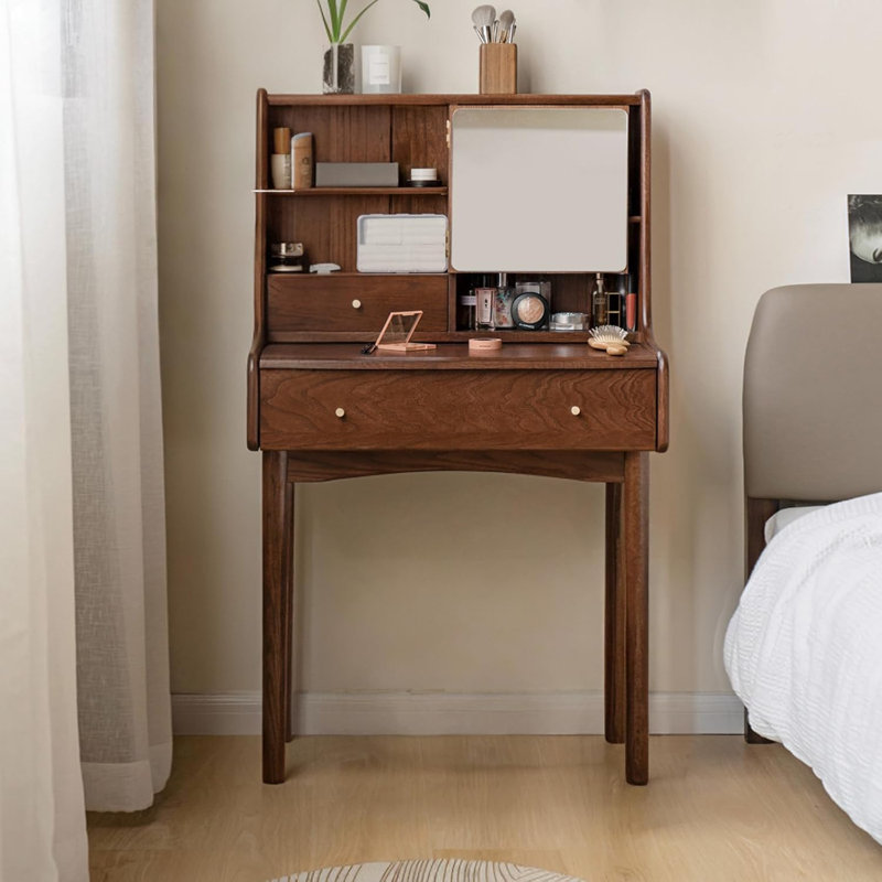  25.2"W Small  Solid Wood Vanity Desk with Reversable Mirror & 2 Storage Drawers, 25"W, No