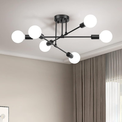 Modern 6-Light Sputnik Chandelier with Globe Shades, Black Semi Flush Mount Ceiling Light Fixture