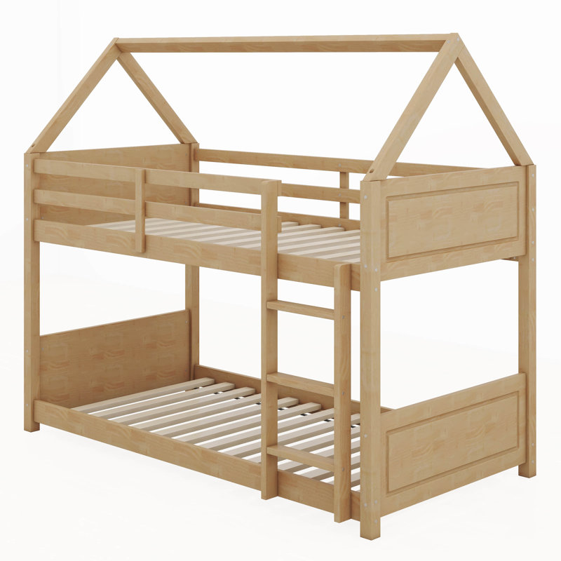 Twin Over Twin House Floor Bunk Bed With Headboards, Footboards And Guardrails, Ladder, White Oak