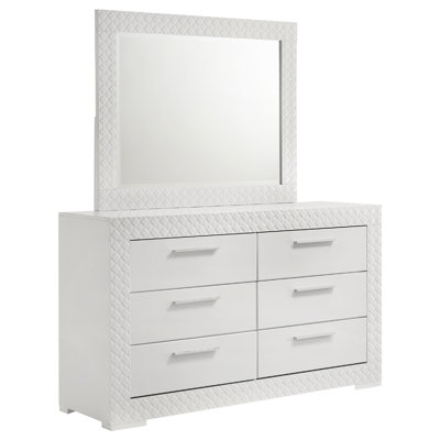 Ivon Wide Dresser With Mirror, 6 Drawers, White High Gloss, Metal