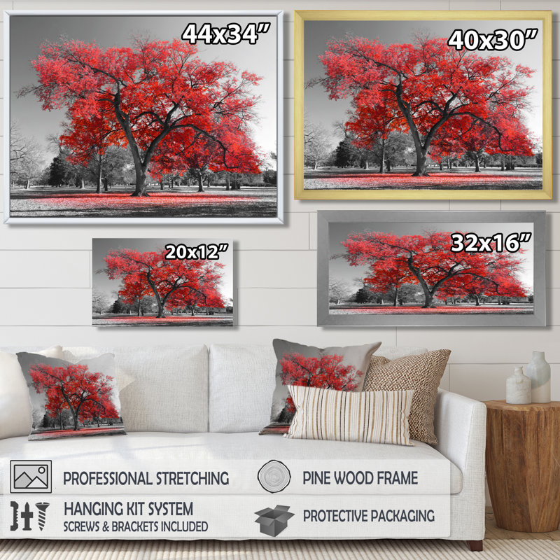 Red Tree on Grey Tone - Tree wall art, Red Tree canvas art print, 12" H x 20" W, Wrapped Canvas, No Frame