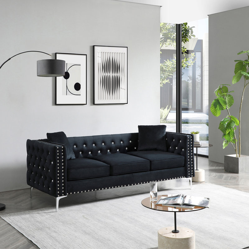 Moderne, largeur de 82,3 po, velours noir à 3 places, capitonnage à boutons, carré, structure en bois massif, pieds en métal, 2 coussins décoratifs, canapé simple à installer avec boutons, style classique, structure, facile à poser