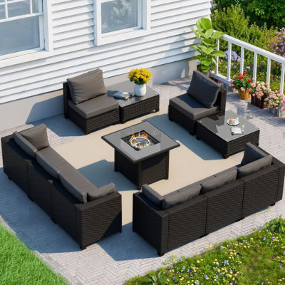 Pre-Assembled Chairs, 8-Person Patio Furniture Set Rattan Outdoor Sectional Conversation Sofa Seating Group With Propane Fire Pit Table
