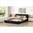 Deep black upholstered queen size platform bed with padded headboard, solid frame construction no box spring required