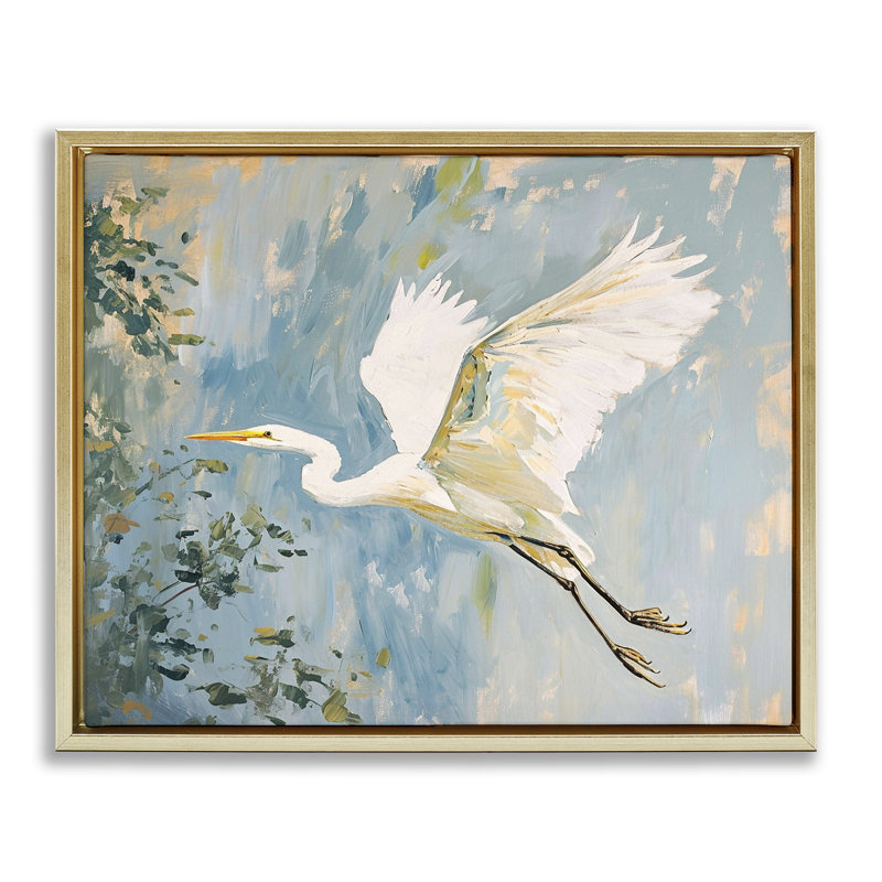 «White Heron in Flight» par Ramona Murdock, H 25 po x l 31 po, Cadre flottant métallique doré