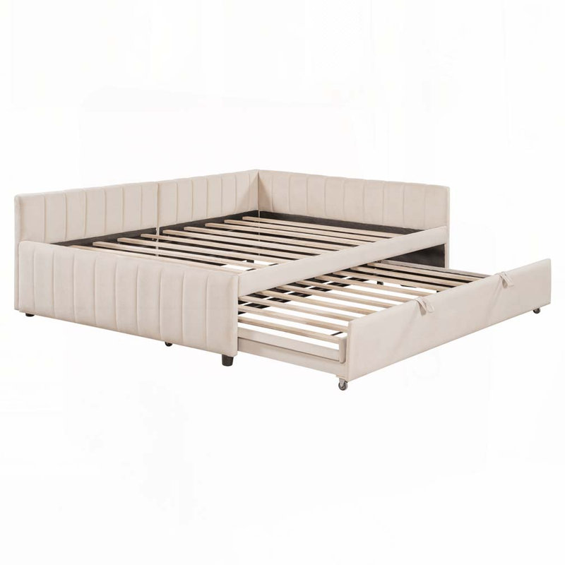 Upholstered L-Shaped Daybed with Pop Up Trundle, Beige