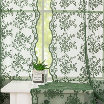 Vintage Lace Curtains 63 Inch Length-Victorian Floral Dark Olive Green Sheer Curtains 1 Pair Transparent Voile for Bedroom Kitchen Sunroom Bohemian Christmas Decor Rod Pocket W52 x L63