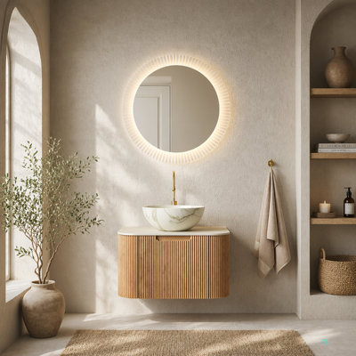 Meuble-lavabo de salle de bain 24 po Dina, meuble-lavabo rayé à bords arrondis avec tiroir, cuve en céramique en céramique mate et plateau en pierre frittée à motif travertin, pré-assemblé