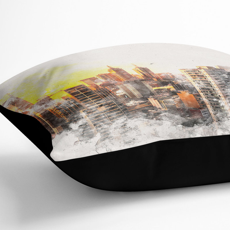 Melbourne Australia Skyline Watercolour Cushion with Filling, 55cm H x 55cm W x 20cm D, Black