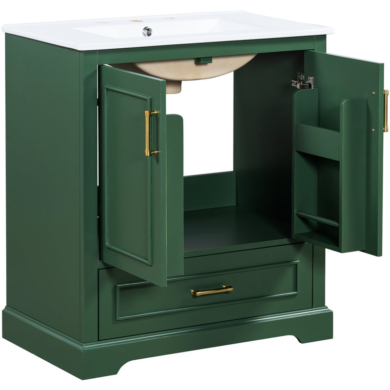 Meuble-lavabo autoportant de 30 po avec lavabo en céramique, 1 tiroir, 2 portes à fermeture en douceur, 2 tablettes, poignées élégantes, cadre de rangement moderne, autoportant, alliage de zinc