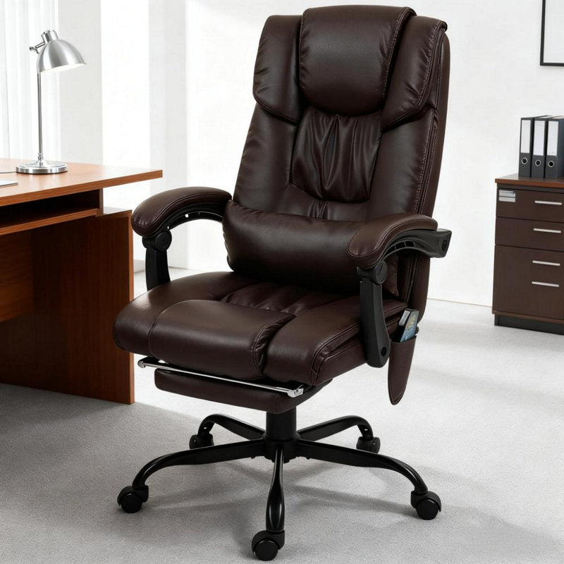 Fauteuil de bureau inclinable à haut dossier, fauteuil de massage à 6 points vibrants avec repose-pieds et télécommande, Brun