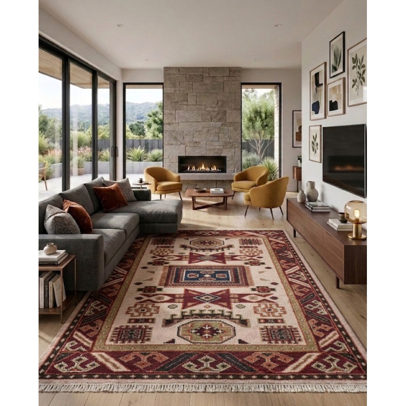 Tapis d'intérieur rectangulaire oriental fait main en soie et laine crème bordeaux, noué à la main, Rectangle 4pi x 6 pi