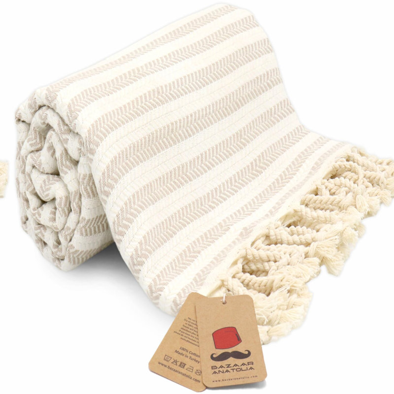 QuickDry Boho Cotton Beach Towel - Oversized Sand-Free Turkish Bath Blanket, Farmhouse Decor, Camping Sheet, Cream 71x39 inches