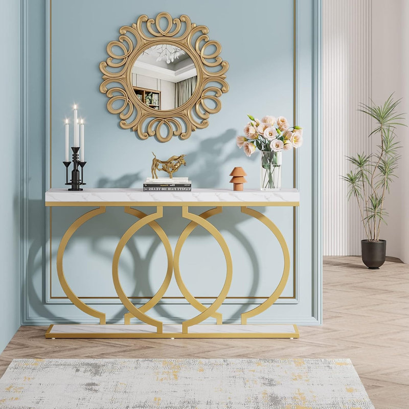 Console moderne 55,11 po en faux marbre et blanc pour canapé d'entrée