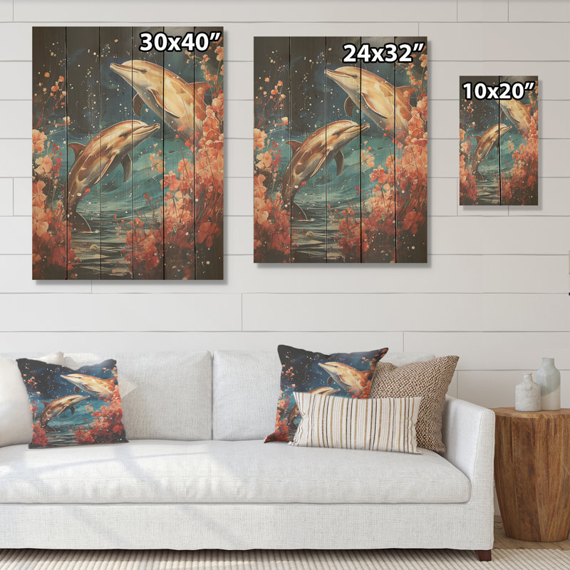 Dauphins mystiques, art mural sur bois de pin naturel, H 40 po x l 30 po