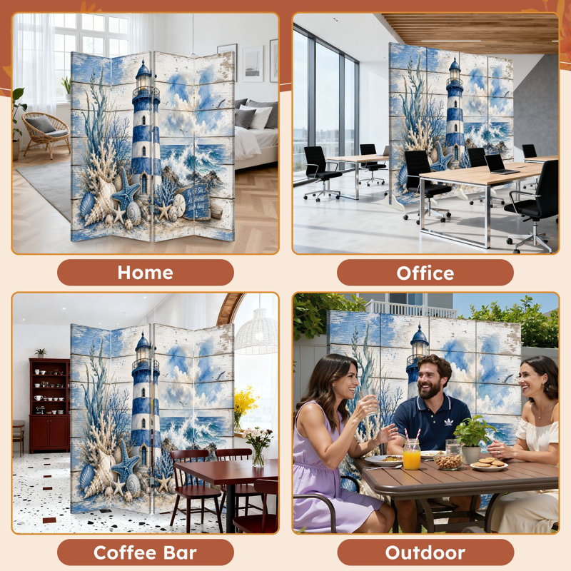 Cloison pliante 4 panneaux paravent Royal Sea Seahells Starfish Coastal, 4, 71" H x 64" W x 1" D