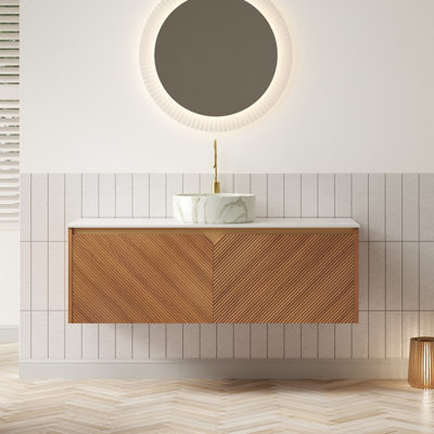Meuble-lavabo et lavabo de salle de bain 48 po RUBEN, armoire de rangement flottante en contreplaqué, portes doubles en sergé avec garniture en métal, vasque ronde en céramique blanche à motif de pierre et plateau en pierre frittée, couleur grain de bois espresso