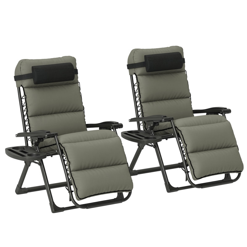 Ensemble de 2 chaises longues inclinables inclinables avec coussin, appui-tête et plateau latéral inclinables