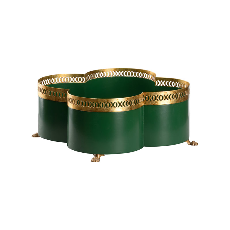 Tracery Cachepot - Navy Blue (SM), Green/Gold, 7" H x 14" W x 14" D