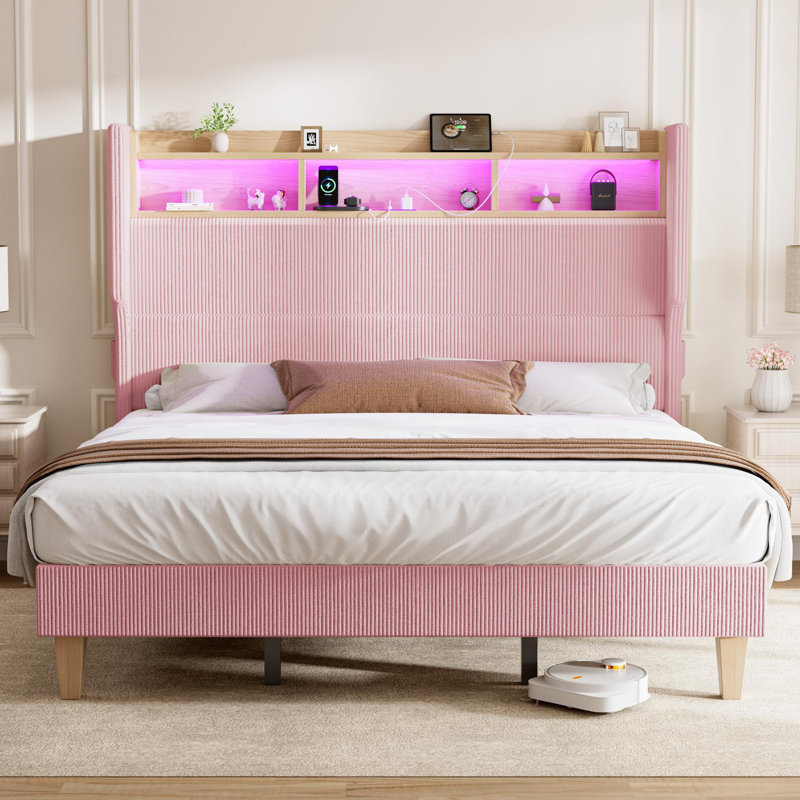 Structure de lit double avec tête de lit à oreilles en velours côtelé de 51 po de hauteur et tablette de rangement, lit plateforme tapissier avec lumières DEL et station de charge, aucun sommier nécessaire, assemblage facile, rose