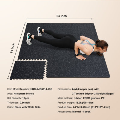 0.56 Inch Thick Gym Floor Mats, 12 Tiles Rubber Top with EVA Foam, 25" x 25" Gym Flooring Workout Mats with 48 sq.ft Coverage, Interlocking Puzzle Gym Mats for Gym, Home, Garage, Black & Blue