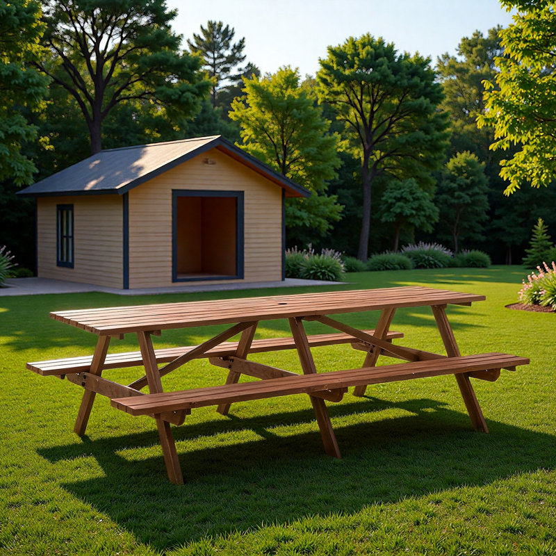 Table de patio en bois pour 12 personnes avec bancs et trou pour parasol