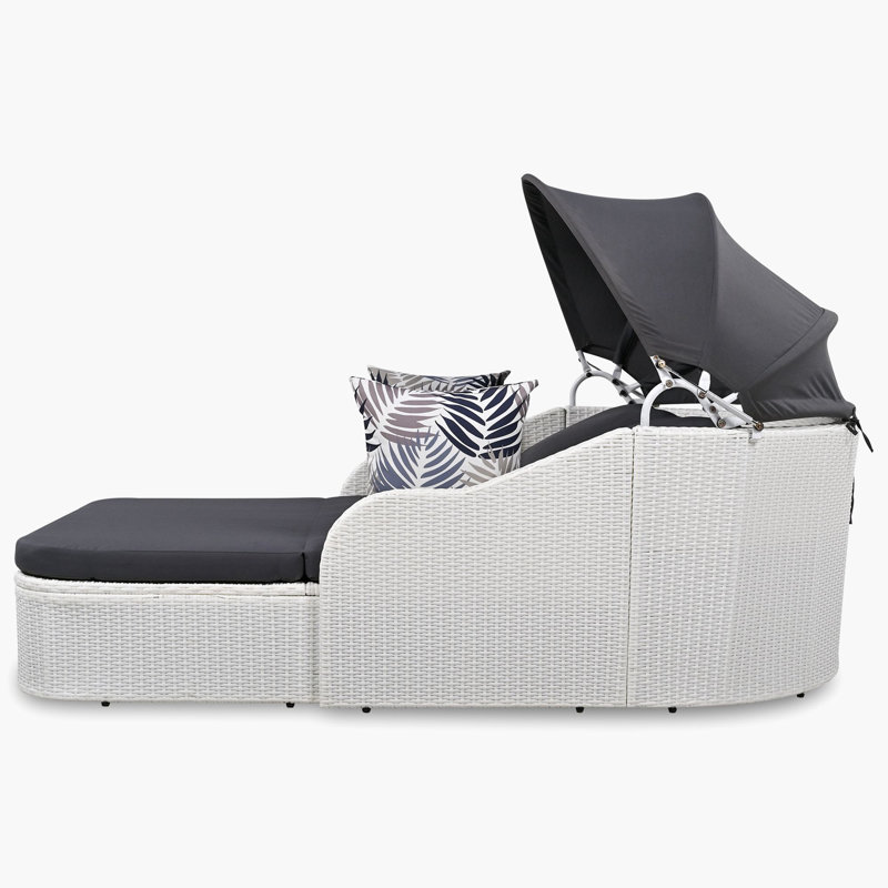 Lit de bronzage d'extérieur 79,9 "avec auvent réglable, lit de jour avec coussins, Gris, Blanc