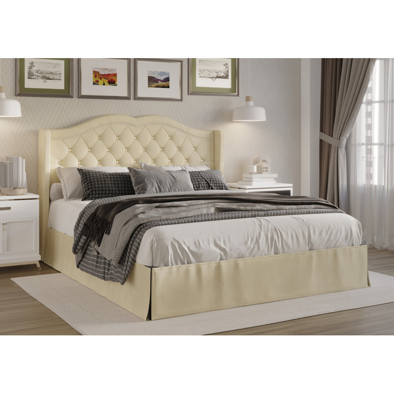 Lit plateforme tapissier simple Almanzo, Beige, Double