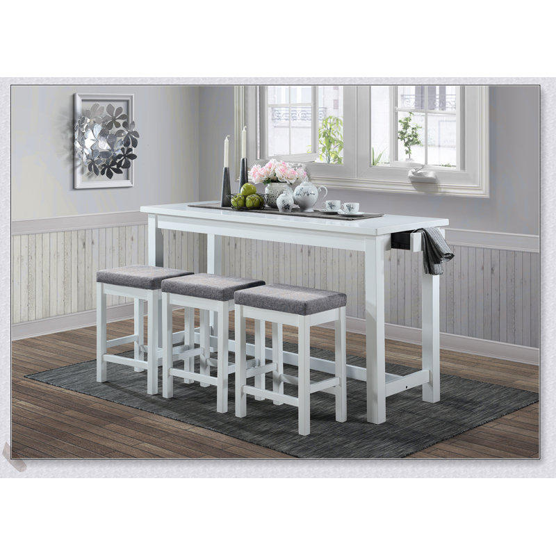 Ensemble de salle à manger 4 pièces à hauteur de comptoir avec finition blanche, ports USB intégrés, prises de courant et 3 tabourets confortables pour la vie moderne