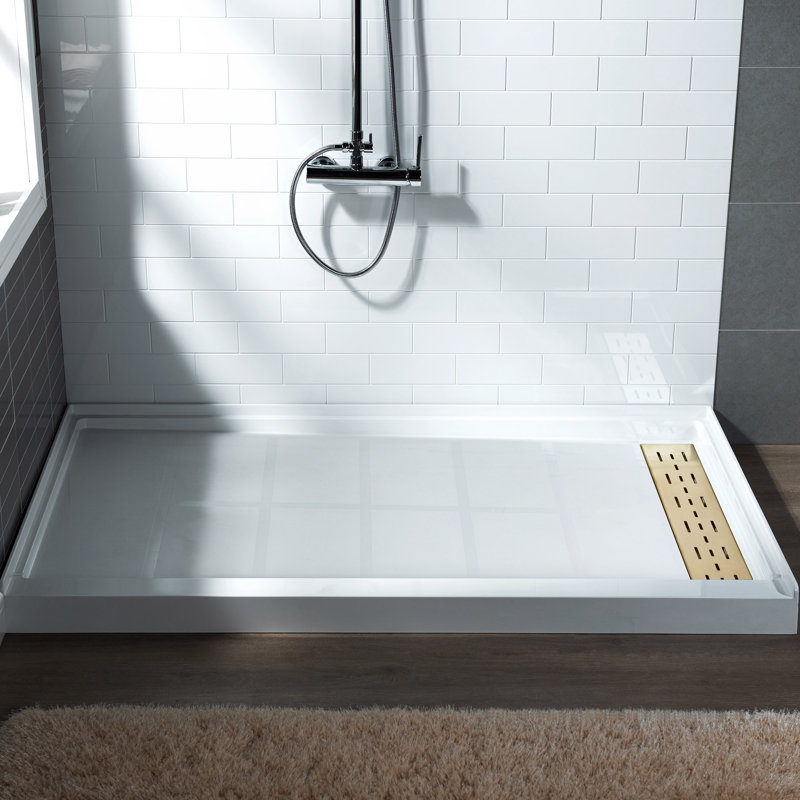 60" W x 32" D Solid Surface Single Threshold solid surfce Shower Pan Base with Drain Assembly & Drain Cover Included, Non-Slip