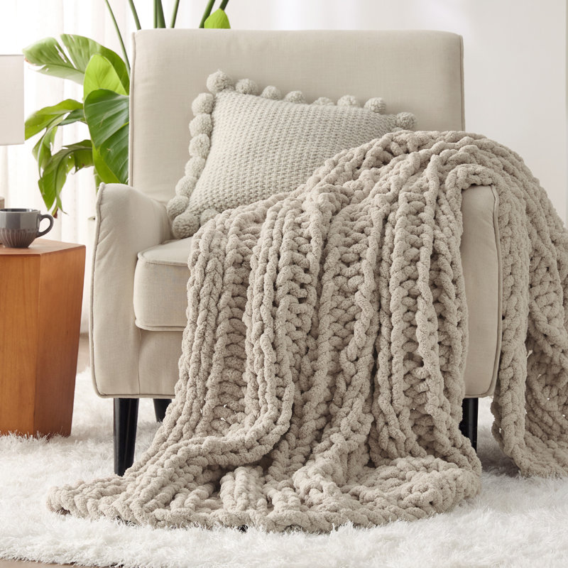 Jeté épais 100% chenille tricoté à la main pour canapé Essential Bedure, Lin beige