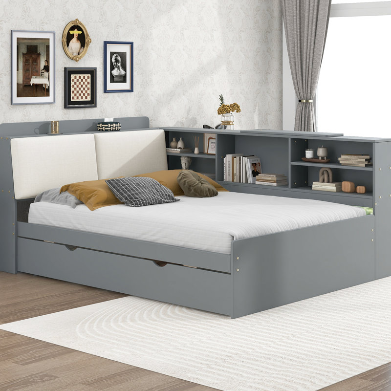 Gris, lit double, base de lit en bois, lit gigogne, plateau de rangement rotatif, tête rembourrée avec tablettes, Gris foncé