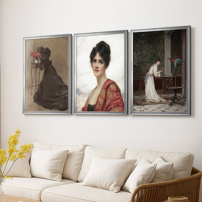 Reproduction de portrait rétro LXVII - Toile tendue avec châssis sur mesure - 3 pièces, Argent argent, H 21 po x l 30 po
