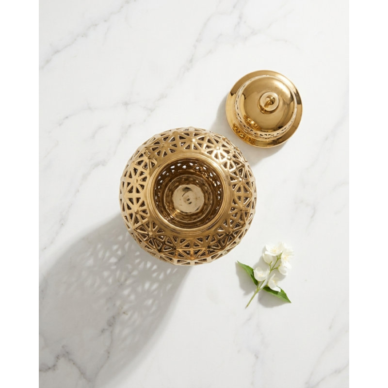Debraa Handmade Ceramic Cutout Ginger Jar with Lid – Available in White & Gold (2 Sizes), 14.5" H x 7.5" W x 7.5" D, Gold