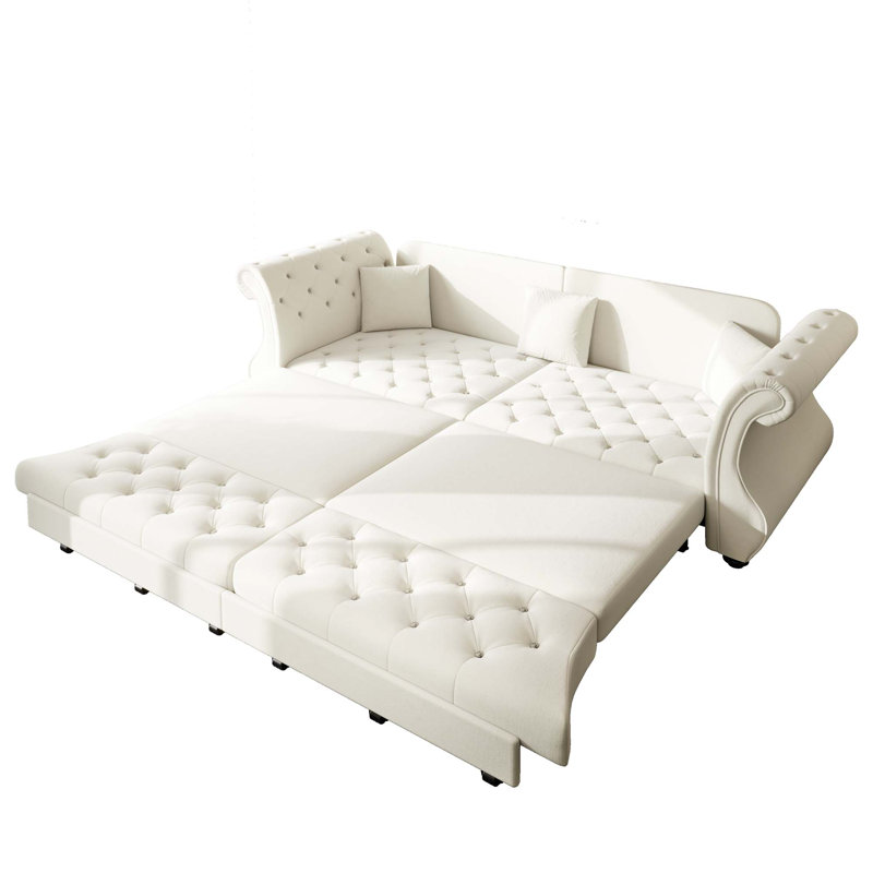 Canapé-lit en velours avec capitonnage artistique Timeless, H 34,6 po x l 97,6 po x P 32,7 po, Beige/White