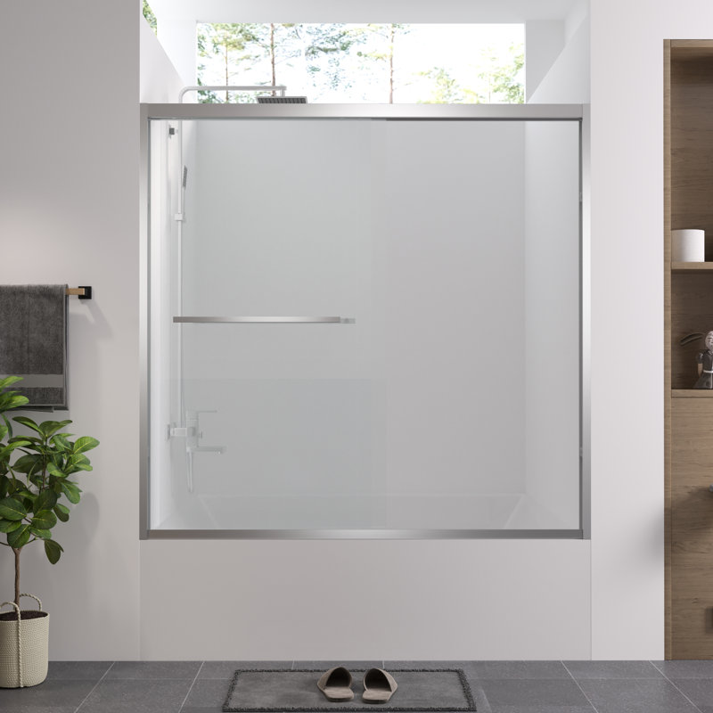 Double Sliding Bathroom Enclosure With Hardware And 1/4"  6Mm  Tempered Glass, American Style, Waterproof Stable Structure Bathtub Screen Finished, Adjustable Width, Stainless Steel Handle