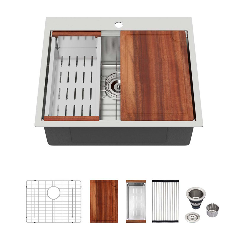 Évier de cuisine à montage sur plan 25 po - Évier de cuisine 25 po x 22 po en acier inoxydable 16 pouces