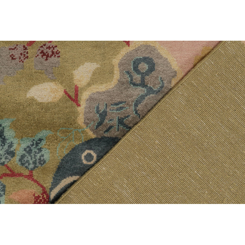 Rug & Kilim’S Chinese Style Art Deco Rug In Pink & Green With Colorful Florals, Rectangle 9' x 12'