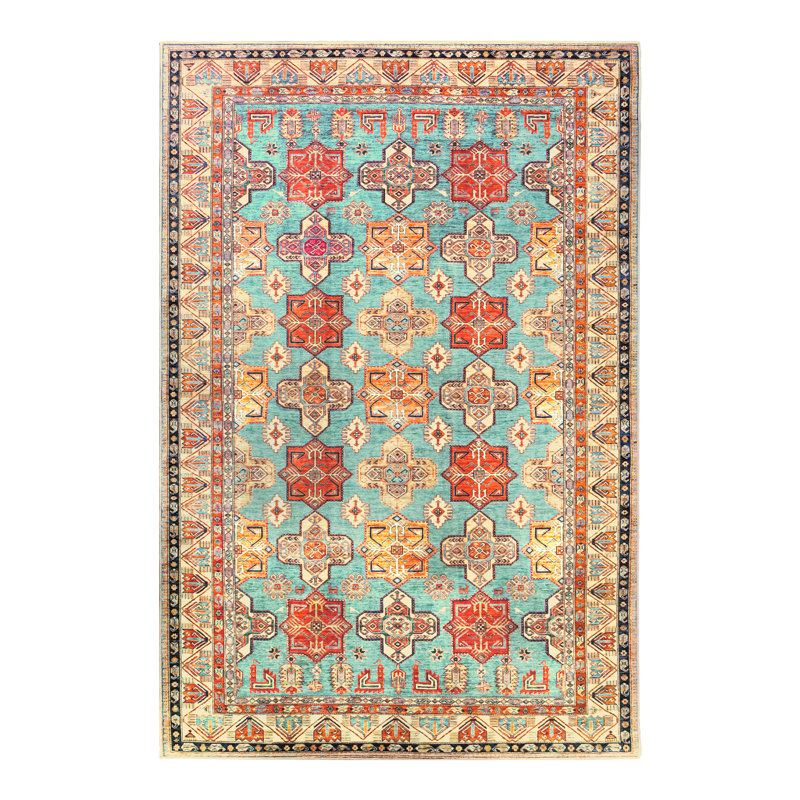 Mehakh Ottoman Turquoise Rectangle 6' X 9' Washable Area Rug