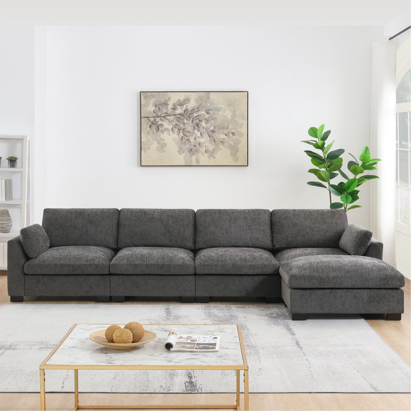 Canapé modulaire de 130 po en forme de L avec table pliante et double port de charge, poches de rangement latérales, 2 coussins d'accoudoirs, repose-pieds à mouvement libre, mousse haute densité