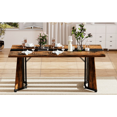 Table rectangulaire de 70,9 po, brun rustique et noir, imperméable, pieds réglables pour les surfaces inégales, capacité de 330 lb, acier, idéal salon / salle à manger brun et noir, stabilité, charge, facile à nettoyer,