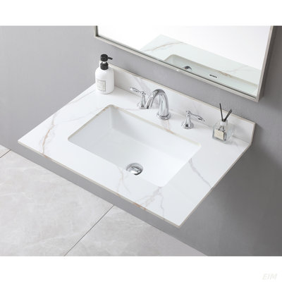 Dessus de meuble-lavabo de 31 pouces en pierre de Carrare avec comptoir de style nouveau avec lavabo rectangulaire encastré en céramique et dosseret avec 3 trous de robinet pour l'armoire de salle de bain