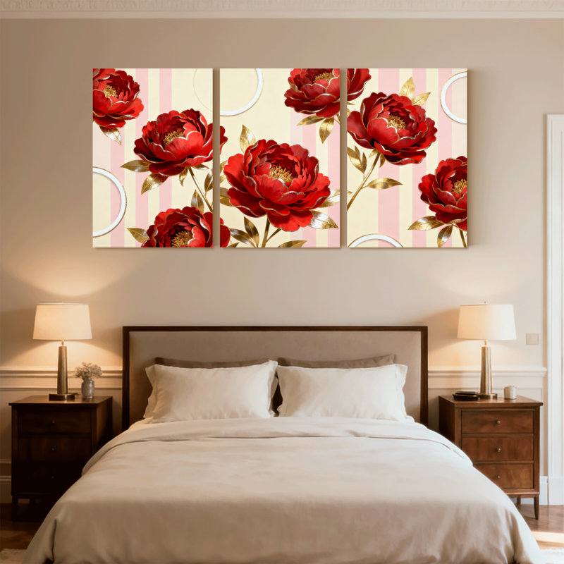 Plantes et fleurs roses rouges avec feuilles dorées sur fond rayé, ensemble de 3 impressions sur toile, H 18 po x l 36 po