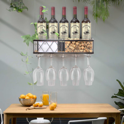 Weinregal Zur Wandmontage, Flaschenregal, Weinregal Mit Glashalter Und Korkaufbewahrung, Champagnerflaschenhalter, Rustikaler Weinhalter, Schwebendes Weinregal Für Küche, Zuhause