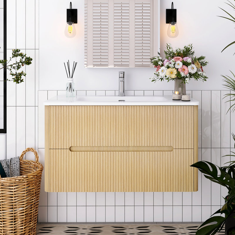 Meuble-lavabo mural simple 36 po avec lavabo, Chêne clair