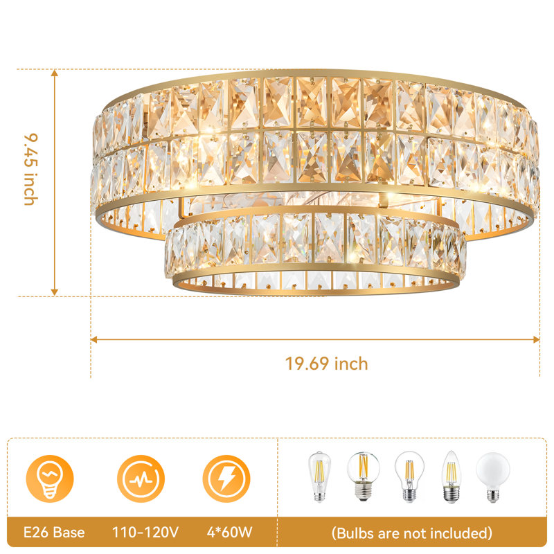 Ventilateur de plafond à cage en cristal 20 po à double couche avec ensemble de lumières, finition dorée, 7 pales, télécommande, moteur à courant continu réversible pour la salle à manger de la chambre à coucher