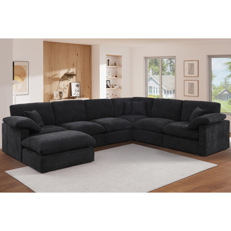 Reversible 7-Piece Corner Sectional Couch, Chenille Cloud Sofa With Removable Ottoman, Black Chenille