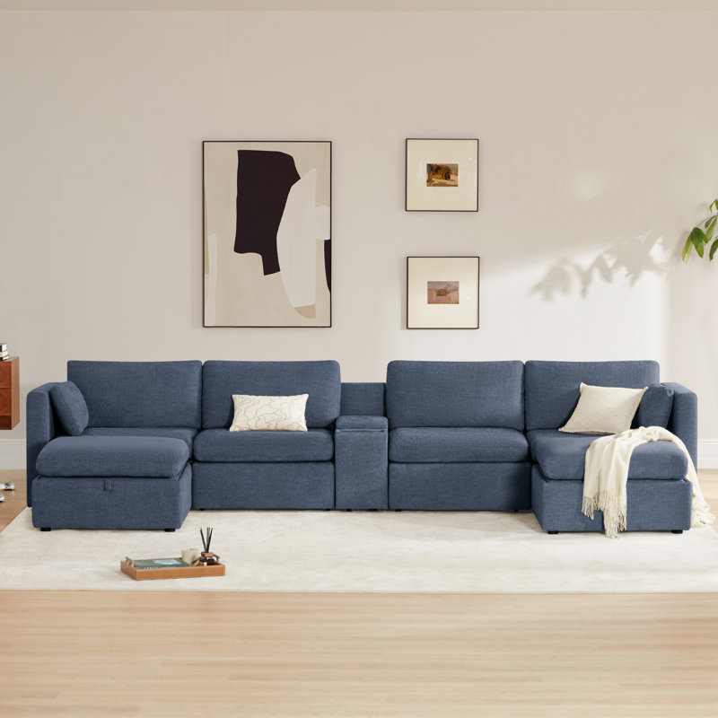 Winfree 6- Piece Upholstered Sectional With Console, Blue Polyester